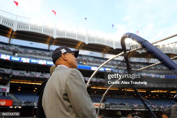 Hall of Famer Reggie Jackson watches batting practice prior to Game 3 of the American League Championship Series between the New York Yankees and the...