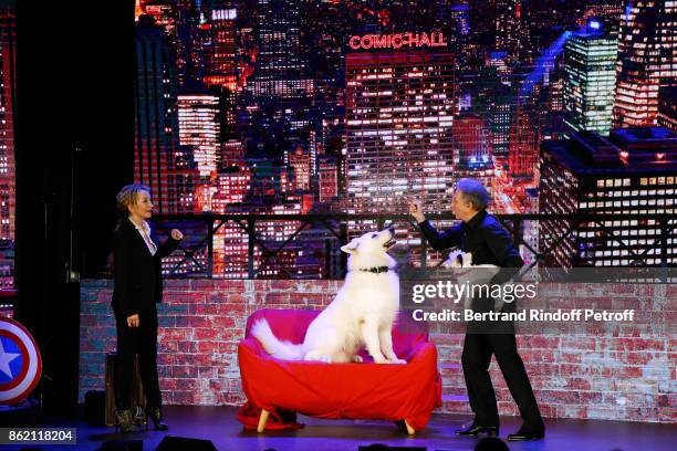 Christelle Chollet and Michel Drucker perform during the One Woman Show by Christelle Chollet for the Inauguration of the Theatre de la Tour Eiffel....