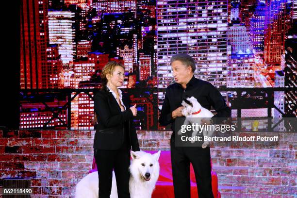 Christelle Chollet and Michel Drucker perform during the One Woman Show by Christelle Chollet for the Inauguration of the Theatre de la Tour Eiffel....