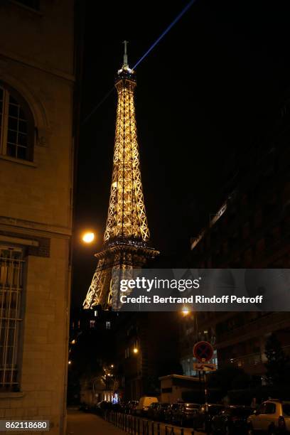 Illustration view of the Eiffel Tower during the One Woman Show by Christelle Chollet for the Inauguration of the Theatre de la Tour Eiffel. Held at...