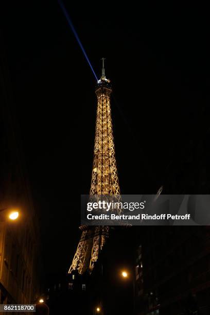 Illustration view of the Eiffel Tower during the One Woman Show by Christelle Chollet for the Inauguration of the Theatre de la Tour Eiffel. Held at...