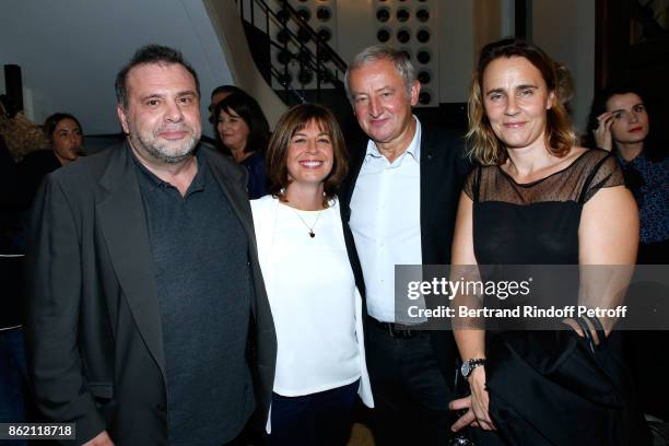 Yann Queffelec and his wife Servane Queffelec standing between guests attend the One Woman Show by Christelle Chollet for the Inauguration of the...