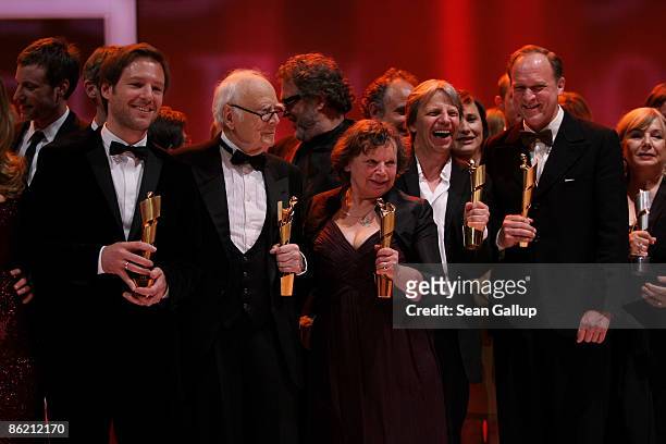 Director Florian Gallenberger, comedian Vicco von Buelow, actress Ursula Werner, director Andreas Dresen and actor Ulrich Tukur pose with their Lola...