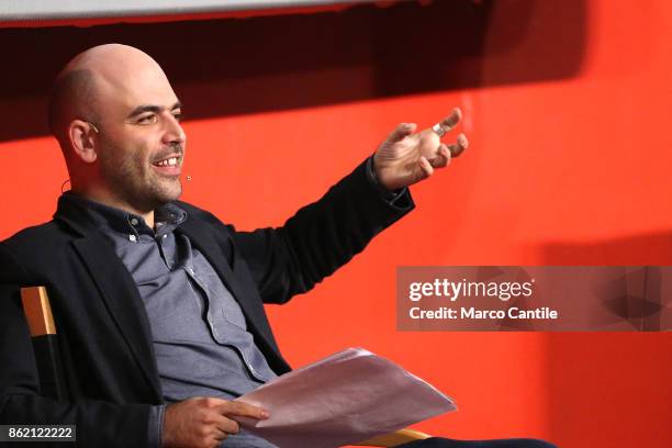 The writer Roberto Saviano during the presentation of his new book, "Bacio Feroce".