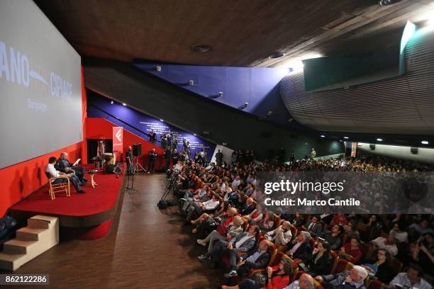 The cinema room "Modernissimo" and on the stage the writer Roberto Saviano, along with writer Saverio Tommasi, during the presentation of his new...