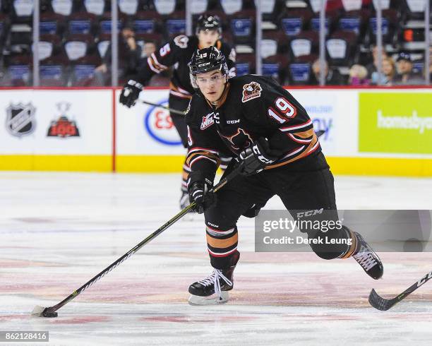 Andrei Grishakov of the Calgary Hitmen in action against the Brandon Wheat Kings during a WHL game at the Scotiabank Saddledome on October 8, 2017 in...