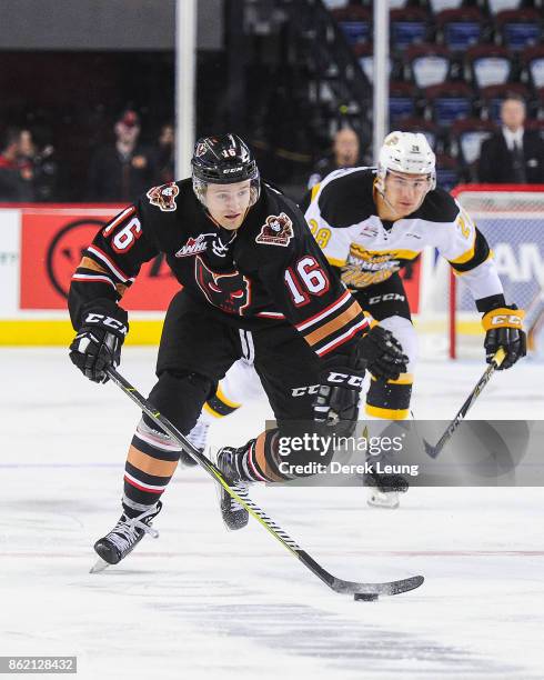 Jake Kryski of the Calgary Hitmen in action against the Brandon Wheat Kings during a WHL game at the Scotiabank Saddledome on October 8, 2017 in...