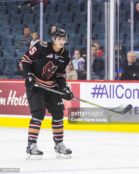 Jackson Va De Leest of the Calgary Hitmen in action against the Brandon Wheat Kings during a WHL game at the Scotiabank Saddledome on October 8, 2017...