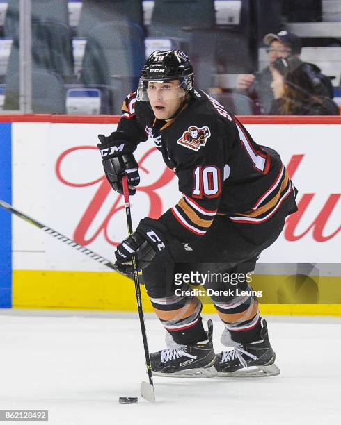 Jakob Stukel of the Calgary Hitmen in action against the Brandon Wheat Kings during a WHL game at the Scotiabank Saddledome on October 8, 2017 in...
