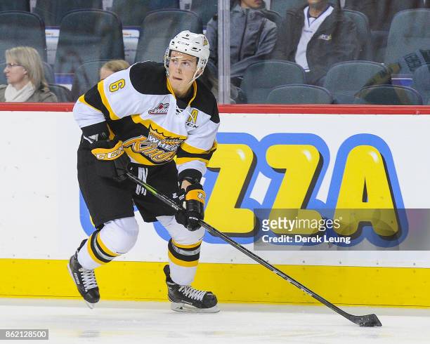 Kade Jensen of the Brandon Wheat Kings in action against the Calgary Hitmen during a WHL game at the Scotiabank Saddledome on October 8, 2017 in...