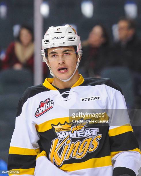 Braden Schneider of the Brandon Wheat Kings in action against the Calgary Hitmen during a WHL game at the Scotiabank Saddledome on October 8, 2017 in...