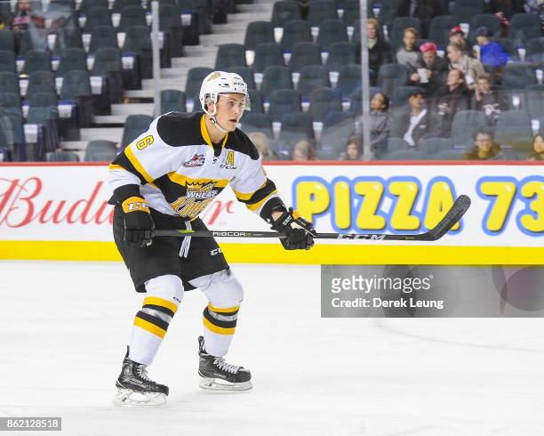 Kade Jensen of the Brandon Wheat Kings in action against the Calgary Hitmen during a WHL game at the Scotiabank Saddledome on October 8, 2017 in...