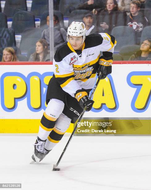 Braden Schneider of the Brandon Wheat Kings in action against the Calgary Hitmen during a WHL game at the Scotiabank Saddledome on October 8, 2017 in...