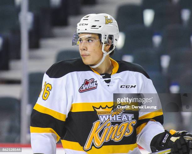 Linden McCorrister of the Brandon Wheat Kings in action against the Calgary Hitmen during a WHL game at the Scotiabank Saddledome on October 8, 2017...