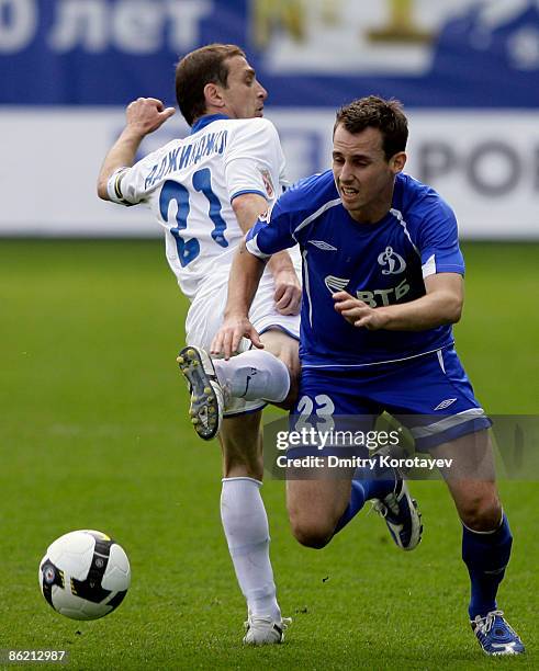 Luke Wilkshire of FC Dynamo Moscow battles for the ball with Ruslan Adzhindzhal of FC Krylia Sovetov Samara during the Russian Football League...