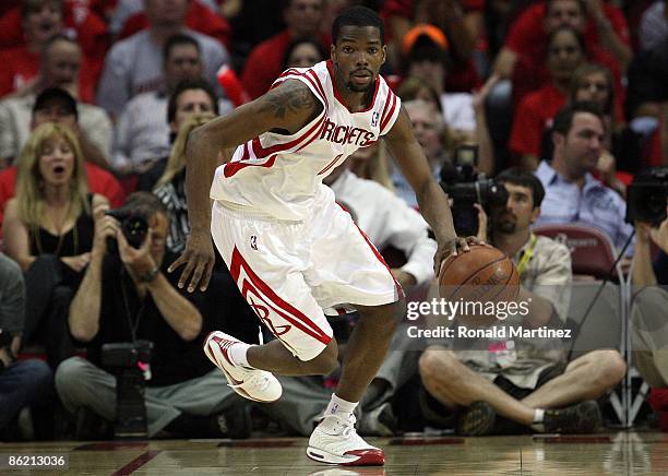 Guard Aaron Brooks of the Houston Rockets during play against the Portland Trail Blazers in Game Three of the Western Conference Quarterfinals during...