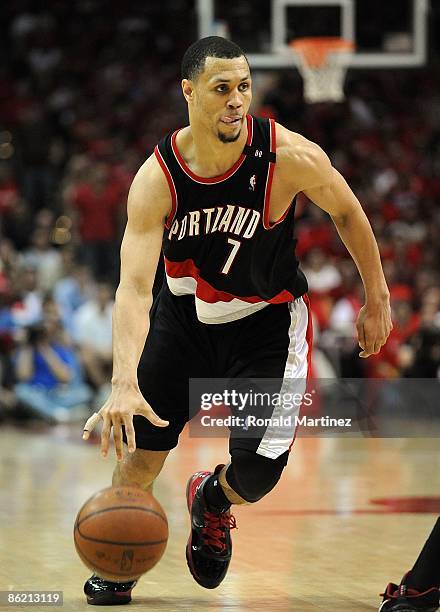 Guard Brandon Roy of the Portland Trail Blazers during play against the Houston Rockets in Game Three of the Western Conference Quarterfinals during...