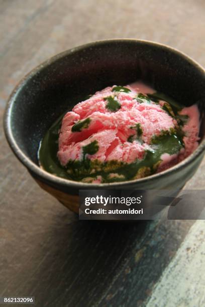 strawberry matcha affogato - affogato stock pictures, royalty-free photos & images
