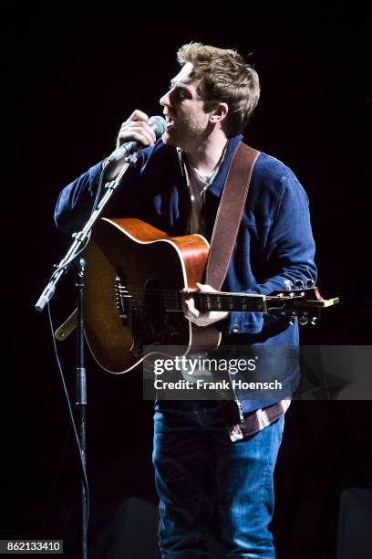 British singer Jamie Lawson performs live in support of James Blunt on stage during a concert at the Mercedes-Benz Arena on October 16, 2017 in...