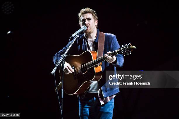 British singer Jamie Lawson performs live in support of James Blunt on stage during a concert at the Mercedes-Benz Arena on October 16, 2017 in...