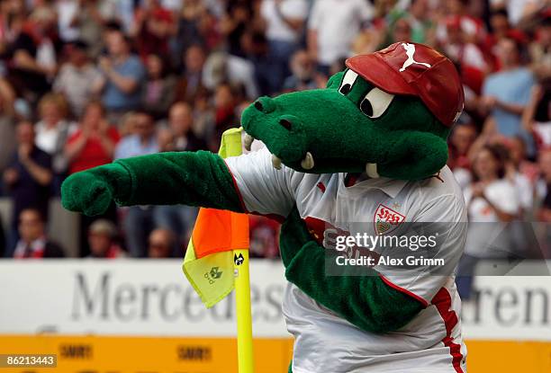 Mascot Fritzle of Stuttgart celebrates his team's second goal during the Bundesliga match between VfB Stuttgart and Eintracht Frankfurt at the...