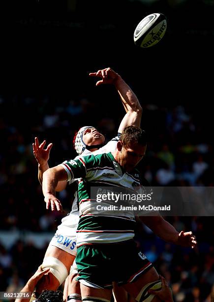 James Phillips of Bristol beats Julian White of Leicester Tigers to the ball in a line-out during the Guinness Premiership match between Leicester...