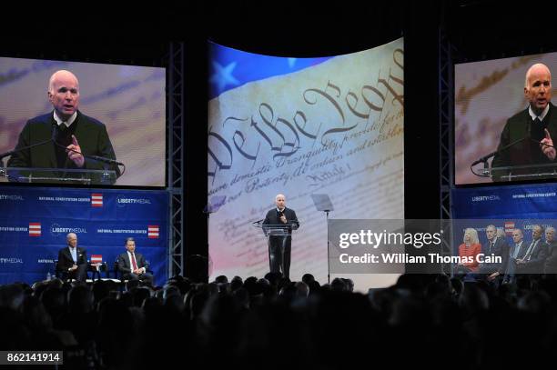 Sen. John McCain makes remarks after receiving the the 2017 Liberty Medal from former Vice President Joe Biden at the National Constitution Center on...