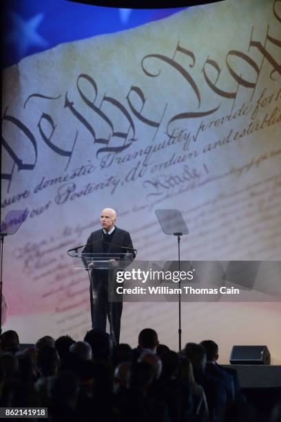 Sen. John McCain makes remarks after receiving the the 2017 Liberty Medal from former Vice President Joe Biden at the National Constitution Center on...