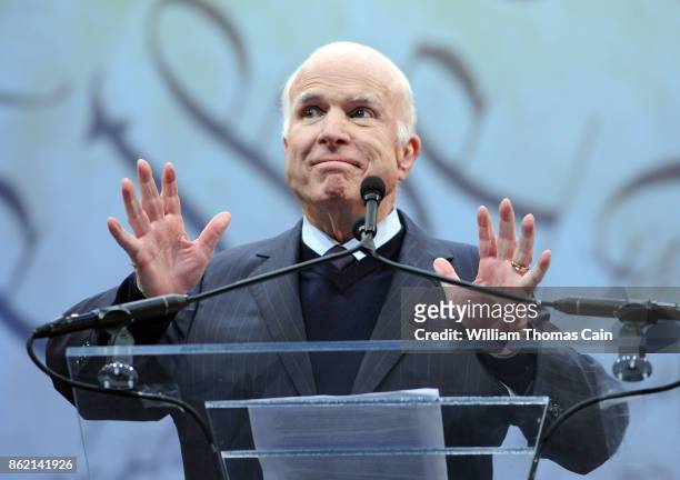 Sen. John McCain makes remarks after receiving the the 2017 Liberty Medal from former Vice President Joe Biden at the National Constitution Center on...