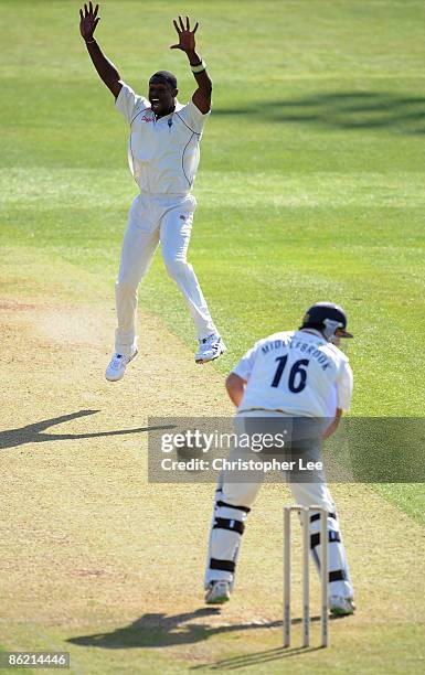 Andrew Richardson of West Indies appeals but does not get the wicket of James Middlebrook of Essex during the Tourist match bewteen Essex and West...