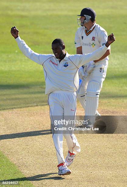 David Bernard of West Indies celebrates taking the wicket of James Middlebrook of Essex during the Tourist match bewteen Essex and West Indies at The...