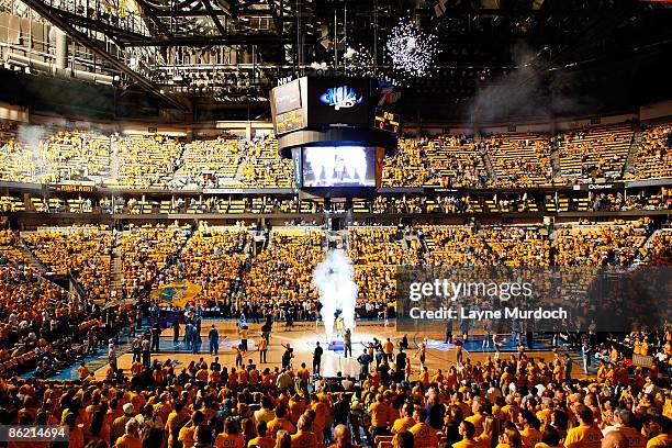 Pre-game player introductions take place before New Orleans Hornets play against the Denver Nuggets in Game Three of the Western Conference...