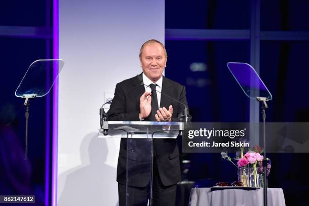 Michael Kors speaks onstage during The 11th Annual Golden Heart Awards benefiting God's Love We Deliver at Spring Studios on October 16, 2017 in New...