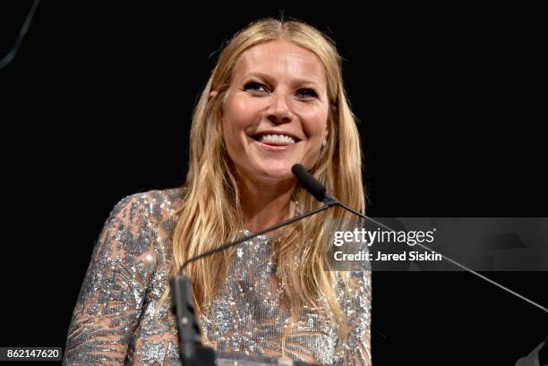 Gwyneth Paltrow speaks onstage during the 11th Annual Golden Heart Awards benefiting God's Love We Deliver at Spring Studios on October 16, 2017 in...