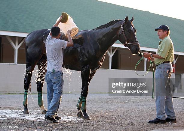 Musket Man held by trainer Derek Ryan is washed by Mario Rodriquez in the barn area during the morning training for the 135th Kentucky Derby at...