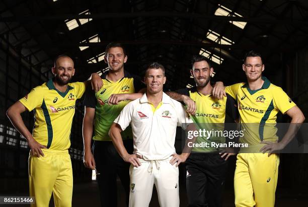 Australian Cricketers Nathan Lyon, Josh Hazlewood, David Warner, Glenn Maxwell and Peter Handscomb pose during the Australian Cricket Team ASICS Kit...