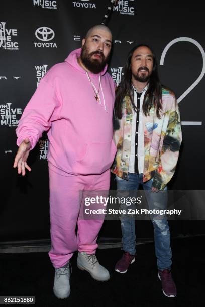 The Fat Jewish and DJ Steve Aoki attend VH1 Save The Music 20th Anniversary Gala at SIR Stage37 on October 16, 2017 in New York City.