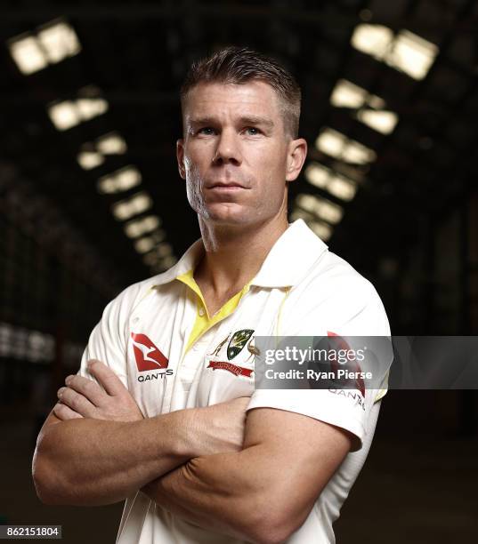 Australian Cricketer David Warner poses during the Australian Cricket Team ASICS Kit Launch at Carriageworks on October 17, 2017 in Sydney, Australia.