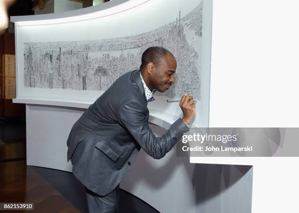 Empire State Building unveils commissioned cityscape by artist Stephen Wiltshire at The Empire State Building on October 16, 2017 in New York City.