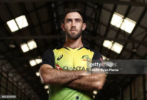 Australian Cricketer Glenn Maxwell poses during the Australian Cricket Team ASICS Kit Launch at Carriageworks on October 17, 2017 in Sydney,...