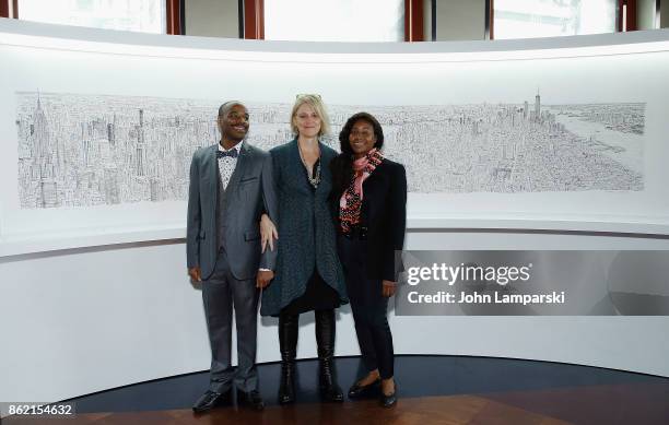 Annette Wiltshire, Molly McBride and Artist Stephen Wiltshire attend Empire State Building as it unveils commissioned cityscape by artist Stephen...