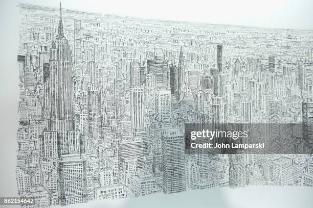 Signature and detail of the art work during the Empire State Building unveiling of the commissioned cityscape by artist Stephen Wiltshire at The...