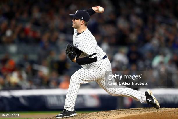 Adam Warren of the New York Yankees pitches during Game 3 of the American League Championship Series against the Houston Astros at Yankee Stadium on...