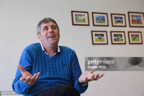 Juan Ramon Lopez Caro, head coach of Dalian Yifang F.C., receives an interview on October 16, 2017 in Dalian, Liaoning Province of China.