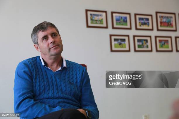 Juan Ramon Lopez Caro, head coach of Dalian Yifang F.C., receives an interview on October 16, 2017 in Dalian, Liaoning Province of China.