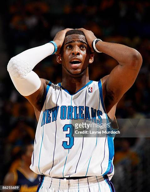 Chris Paul of the New Orleans Hornets reacts to a call in Game Three of the Western Conference Quarterfinals against the Denver Nuggets during the...