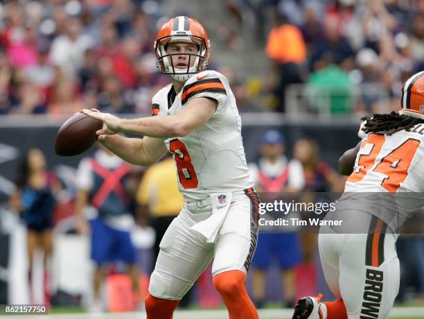 Kevin Hogan of the Cleveland Browns throws a pass in the second quarter against the Houston Texans at NRG Stadium on October 15, 2017 in Houston,...