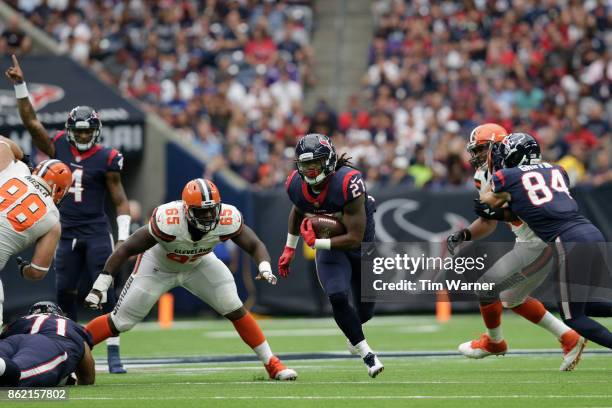 Onta Foreman of the Houston Texans runs the ball in the second quarter against the Cleveland Browns at NRG Stadium on October 15, 2017 in Houston,...