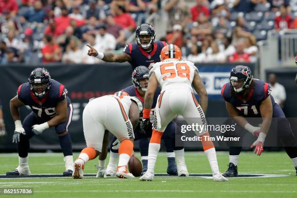 Deshaun Watson of the Houston Texans signals at the line of scrimmage in the second quarter against the Cleveland Browns at NRG Stadium on October...