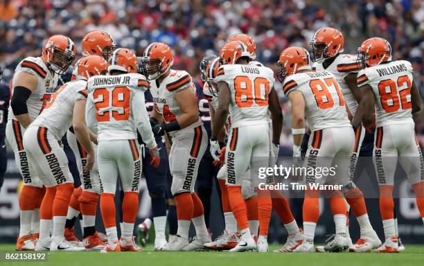 Kevin Hogan of the Cleveland Browns calls a play in the huddle during the second half against the Houston Texans at NRG Stadium on October 15, 2017...